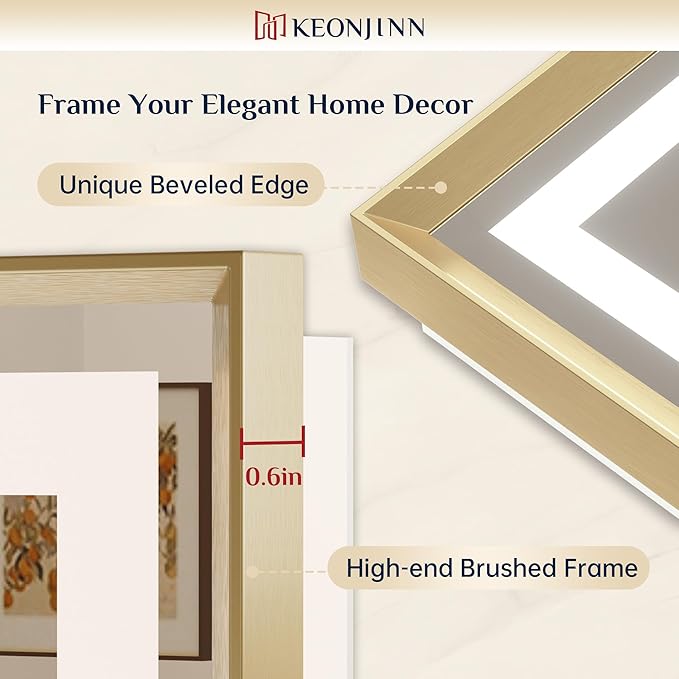 Keonjinn 22 x 30 in Gold LED Mirror with Frontlit & Backlit, Lighted Mirrors for Bathroom Wall, Modern Brushed Frame Beveled Edge, Tempered Glass, 3 Color Lights, Defogging, Dimmable, Memory Function