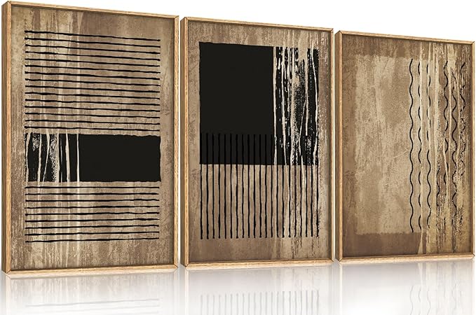 CHDITB Abstract Line Wall Decor, Vintage Black Brown Framed Canvas Wall Art, Mid Century Modern Art Print Home Decor, Boho Neutral Minimalist Painting For Living Room Bedroom Dining Room Office 16"x24