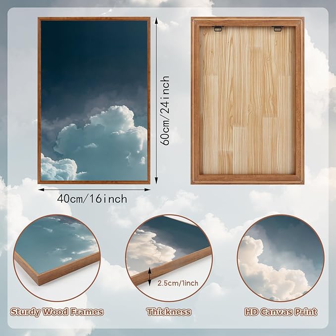 LHIUEM Abstract White Clouds Framed Canvas Wall Art,Modern Navy Blue Sky Wall Decor,Natural Scenery Painting,Minimalist Dreamy Artwork for Living Room,Bedroom,Dining Room -16"x24"x3