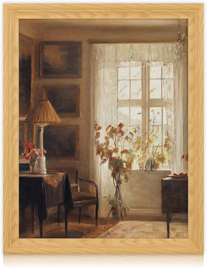 Brivoria Framed Canvas Wall Art Vintage Decor, Scandinavian Interior Artwork with Sunlit Window, Indoor Greenery and Golden Autumn Glow for Living Room Bedroom Fireplace or Gallery Display, 16"x20"