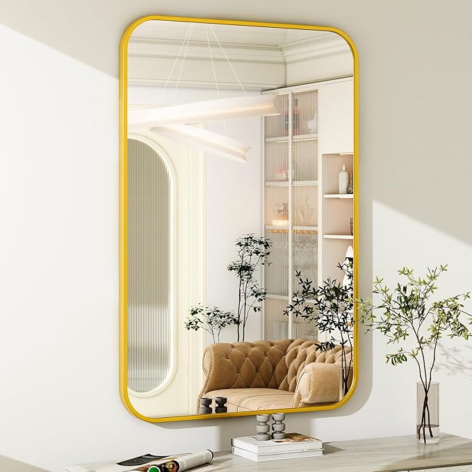 26 x 38 Inch Bathroom Mirror, Rounded Rectangular Vanity Mirror for Wall, Modern Mirror for Room Decor, Gold Framed Wall-Mounted Mirrors for Home Decor, Hangs Horizontally or Vertically