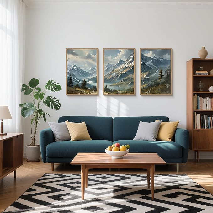 Ausril Nature Mountain Ridge Framed Canvas Wall Art Set, Woodland Landscape Wall Decor, Cloud Misty Forest Wall Painting, Boho Pine Tree River Art Print for Living Room, Bedroom, Office - 16"X24"X3