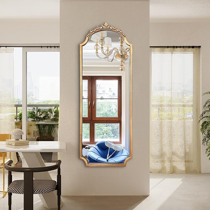 Large Gold Vintage Mirror, 53"x20" Arched Standing Floor Mirror, Ornate Baroque Mirrors, Traditional Carved Mantel Mirrors for Living Room Fireplace Bathroom Bedroom Entryway