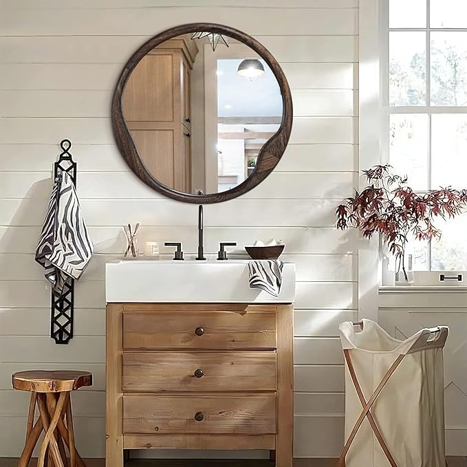 AOAOPQ Round Mirror with Wood Frame 24 inch Circle Wall Mirror for Bathroom Round Wall Mirror for Wall Decor, Vanity, Entryway Living Room Rustic Brown