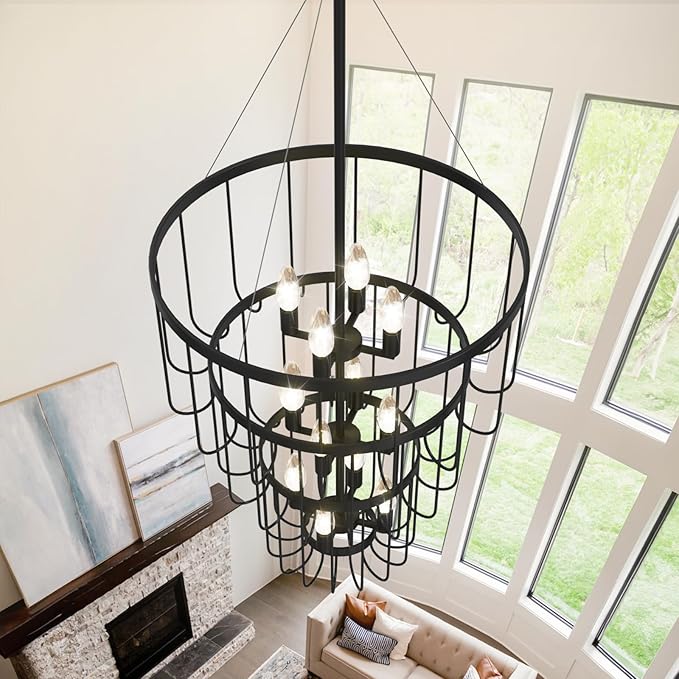 Black Chandelier, 12-Light Farmhouse Chandelier for Entryway, Industrial Foyer Lighting Fixtures, Large Chandeliers for High Ceilings, Modern Hanging Pendant Lights for Staircase, Entryway
