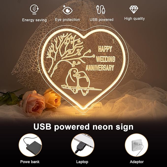 Lucunstar Wedding Neon Sign Happy Anniversary LED Sign for Wall Decor Warm White LED Light Love Signs Heart Decor in Wedding Party Bedroom Home Live Room Love Gifts for Couple in Anniversary Party