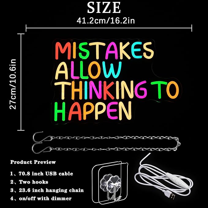 Mistakes Allow Thinking To Happen Neon Sign for Classroom Office Neon Light Colorful Letter Neon Light Sign Sayings Led Neon Lights for Office Classroom Bedroom Library Decoration