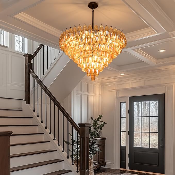 Modern Crystal Chandelier, 36" Luxury Black Round Amber Glass 8-Tier Chandelier for Dining Room, Large Bronze 20-Light Tiered Chandeliers Light Fixture for Living Room, Bedroom, Entryway, Staircase
