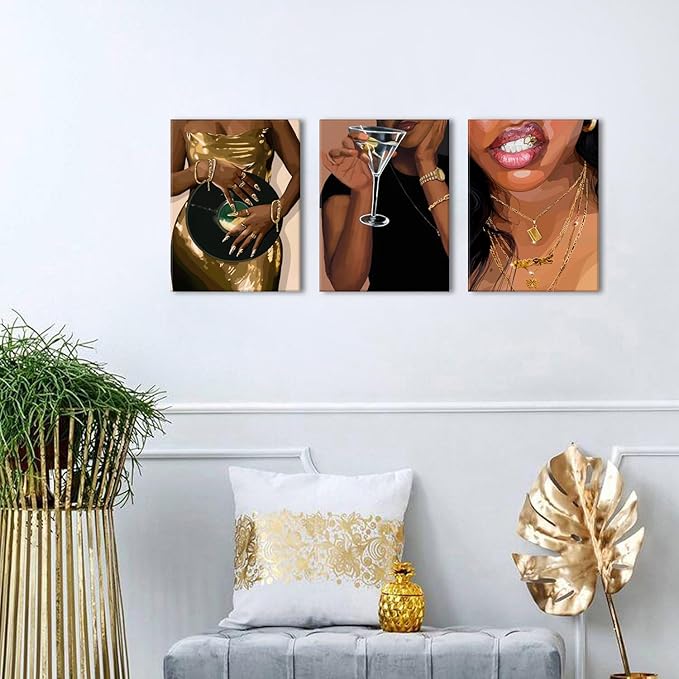 Black Girl Wall Art Fashion American African Women Canvas Pictures for Bedroom Retro Trendy Cocktail Gold Jewelry Posters Girly Prints Modern Artwork Living Room Bathroom Home Decorations 12x16" 3Pcs