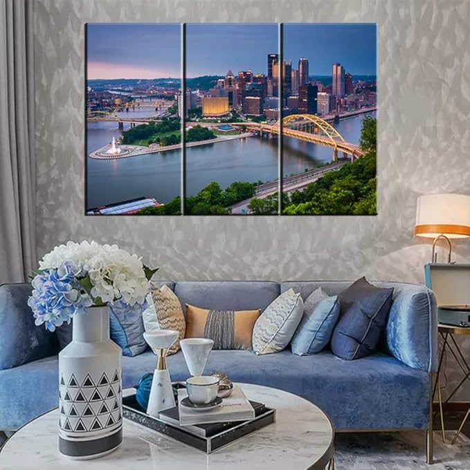 Canvas Wall Art Prints Modern Pittsburgh Cityscape Incline in Mount Washington Painting Stretched and Framed Modern Colorful Pennsylvania Skyline Buildings Picture for Home Office Decor - 28H x 42W