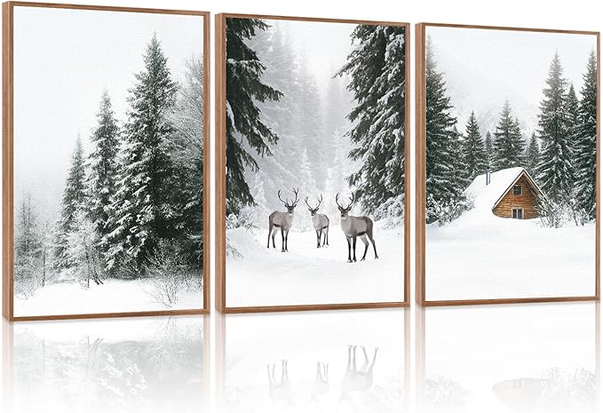 LHIUEM Christmas Pictures Wall Decor Winter Landscape Canvas Art 3 Piece Christmas Artworks(12”X16”) Winter Framed Art Prints Vintage Farmhouse Decorations Snow Forest Reindeer Wall Art for Room
