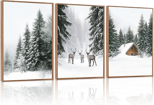 LHIUEM Christmas Pictures Wall Decor Winter Landscape Canvas Art 3 Piece Christmas Artworks(12”X16”) Winter Framed Art Prints Vintage Farmhouse Decorations Snow Forest Reindeer Wall Art for Room