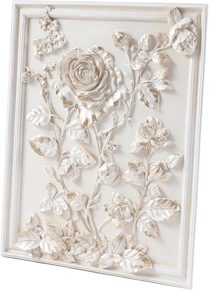 Kangce Vintage Wall Sculptures,Antique Wall Art with Hand-Carved Rose Pattern, Victorian Home Decor,for Living Room, Bedroom,Hallway Gallery,Rectangular,Off-White and Gold