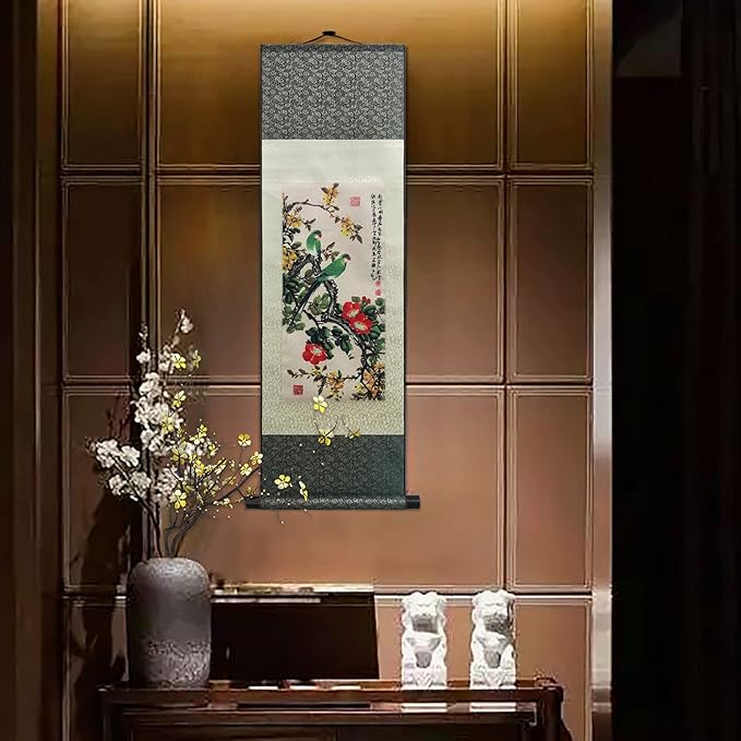 AtfArt Asian Wall Decor Beautiful Silk Scroll Painting 4 Color Flower bird - Starling Thrush Magpie Parrot Oriental Decor Chinese Art Wall Scroll Hanging Painting Scroll 36.2 x 12in (Green Parrot)