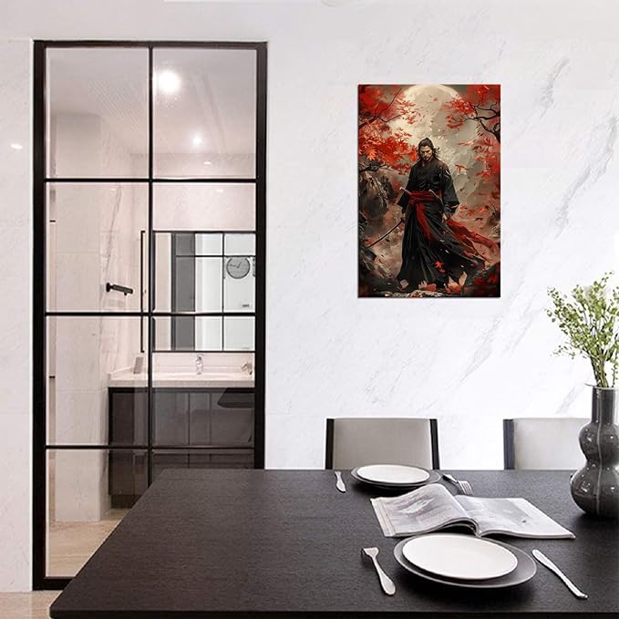Oriental Samurai Wall Art Black and Red Warrior Wall Decor Canvas Prints Warrior Figure Pictures Bushido Posters Artwork Framed for Living Room Bathroom Bedroom Office (18''W x 24''H)