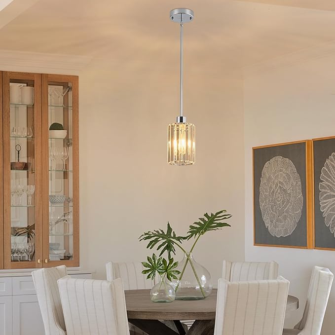 Modern Mini Crystal Pendant Lights Chandeliers Adjustable Sloped LED Hanging Ceiling Fixture Glass small Crystals for Kitchen Island Bathroom Living Room, Dining Room, Hallway, Bar 1PC (Chrome)