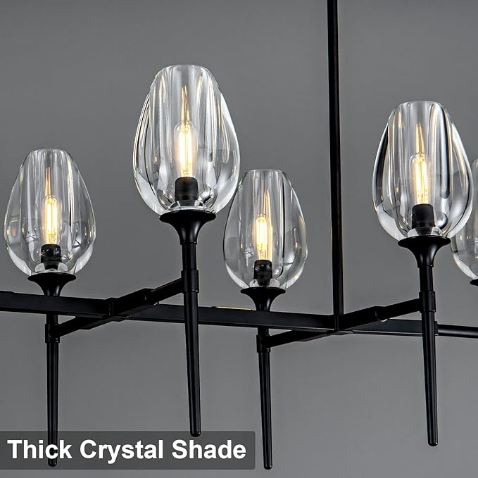 Modern Crystal Large Chandeliers 8 Lights Black, 52in Black Rectangle Tulip K9 Crystal Chandelier, Pendant Ceiling Light for Dining Living Room Bedroom Entryway over Table, E12 Bulbs Included