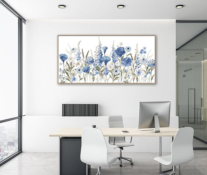 arteWOODS Elegant Flowers Framed Wall Art - Blue White Botanical Pictures for Wall Decor Floral Blossom Canvas Painting Print Artwork for Living Room Bedroom Home Office Wall Decoration 24" x 48"