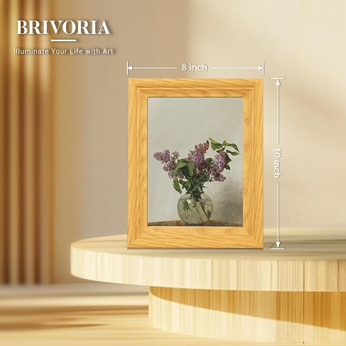 Brivoria Framed Canvas Wall Art Vintage Decor Realistic Still Life with Purple Lilacs in Glass Vase on Light Wood Table Botanical Artwork for Kitchen Reading Nook or Tabletop Display 8"x10"