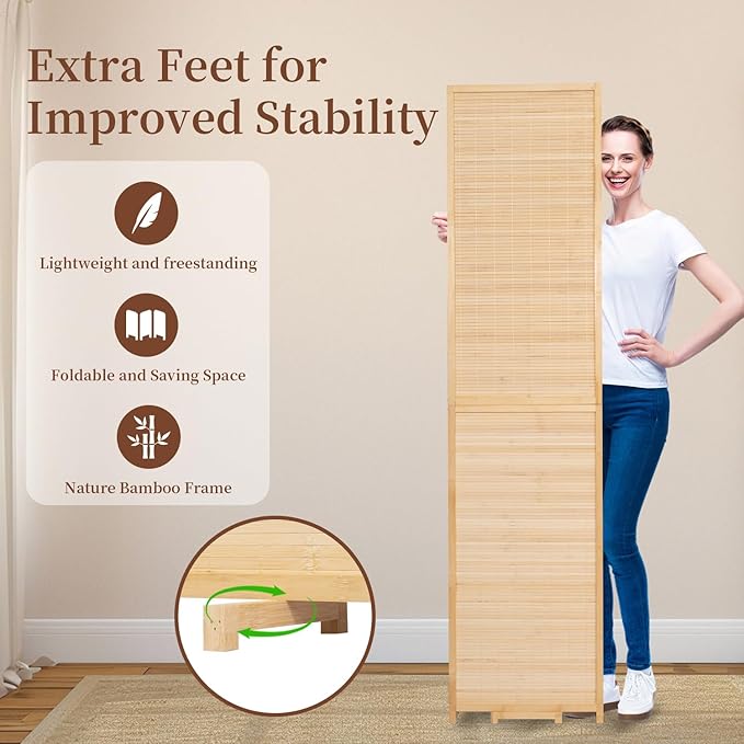 Bamboo Room Divider 8 Panel Wall Divider, 67'' H Folding Design with Extra Stable Base, 100% Bamboo Room Divider Screen for Room Separation Partitions Dividers Freestanding (Beige, 142‘’W x 67''H)