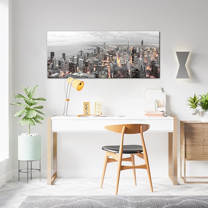 Conipit Black and White Canvas Wall Art Chicago Skyline Cityscape Canvas Print Chicago Panorama Picture Prints Framed for Living Room Bedroom Office Decor 20''X48''