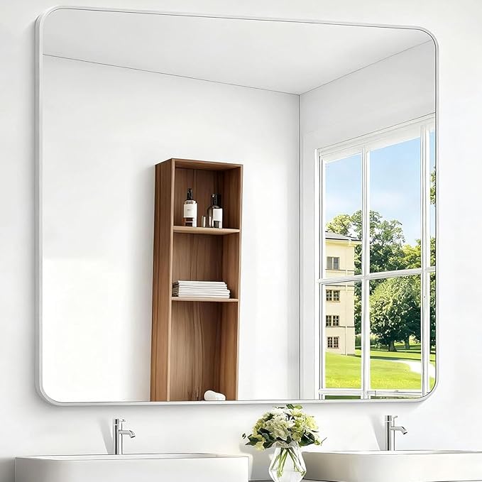 BONEWEI Silver Bathroom Mirror,48x48 inch Wall Mirror for Bathroom Wall Mounted,Rectangle Mirror for Bathroom Over Sink,Modern Frame Round Corner for Living Room,Bedroom Entryway,Horizontal/Vertical