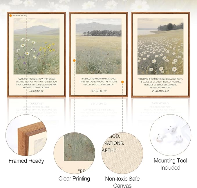 Aurlan Christian Bible Verses Scripture Framed Wall Art(24"x36"), 3PCS Boho Wildflowers Landscape Nature Canvas Artwork, Religious Luke12:27 Psalm46:10 Psalm23:1-2 Jesus Faith Gift Decor for Home Office Bedroom