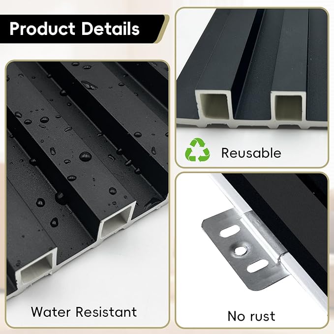 10Pack WPC Slat Wall Panels, 96 x 6.4 x 0.8Inches 3D Accent Wall Panels for Interior Home Decor, Fluted Wood Paneling for Living Room, TV Background, Office, Bedroom (Matte Black)