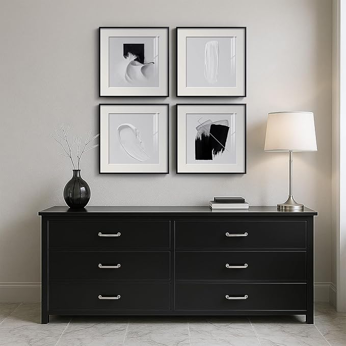 4 Panels Framed Abstract Black and White Wall Art Set, Modern Minimalist Line Print Home Decor, Canvas Pictures Paintings for Living Room Bedroom Bathroom Entryway and Dining Room 12x12 Inches