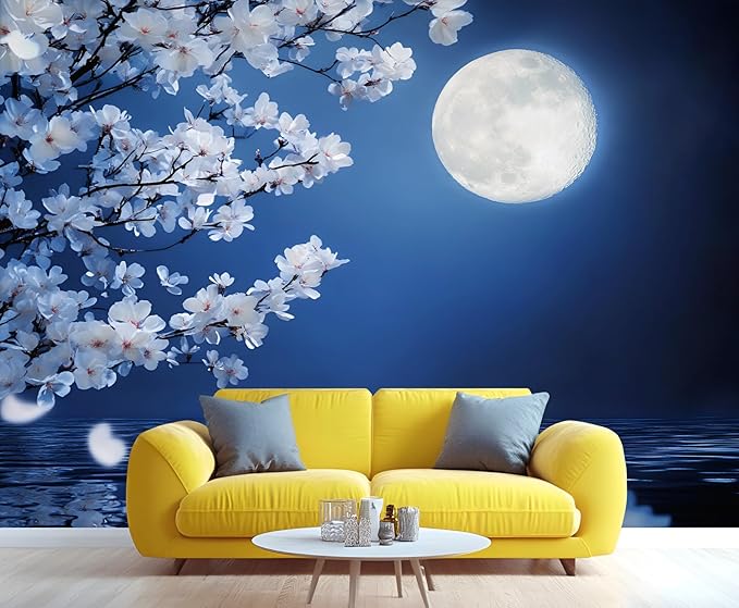 Japanese Mural Wallpaper, Japanese Cherry Blossoms Murals, Moon View Murals Wallpaper for Living Room Bedroom Home Decor Mural - 110" W x 98" H (Not Peel Stick)