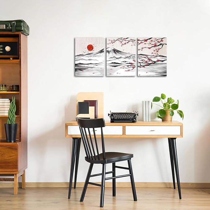 LyerArtork 3 Pieces Japanese Cherry Blossom Mount Fuji Canvas Wall Art Black White Pink Floral Wash Painting Wall Decor for Living Room Bedroom 12"x16"x3pcs