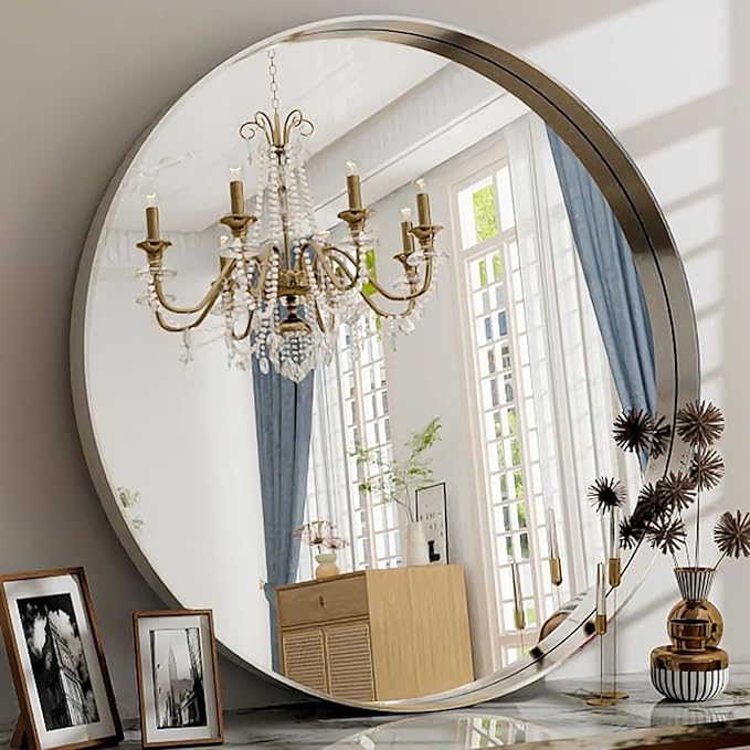 32 Inch Silver Round Wall Mounted Circle Mirror with Metal Frame - Modern Mirror Suitable for Bathroom, Vanity, Entryway, Living Room, Wall Decor