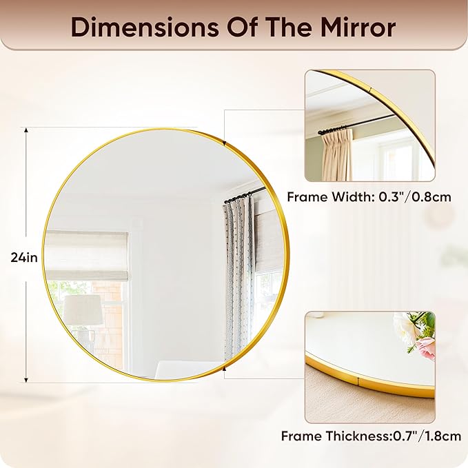 Antok Wall Mirror, 24"x24" Bathroom Vanity Mirror, Anti-Rust HD Tempered Glass, Wall Mounted Mirrors for Living Room, Entryway, Gold Frame, Round