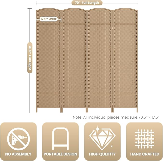 6 ft. Tall Room Divider and Folding Privacy Screen, Weave Fiber Foldable Panel Wall Divider with Diamond Pattern Weaved & 4 Panel Room Screen Divider Separator, Freestanding Room Divider