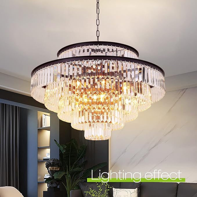 Brown Modern Style Top K9 Crystal Chandeliers & LightsRound Hanging Classic, Pendant Ceiling Chandelier Lighting Fixture 6-Tier for Dining Room Living Room(Oil Brown, Dia 31 Inch)