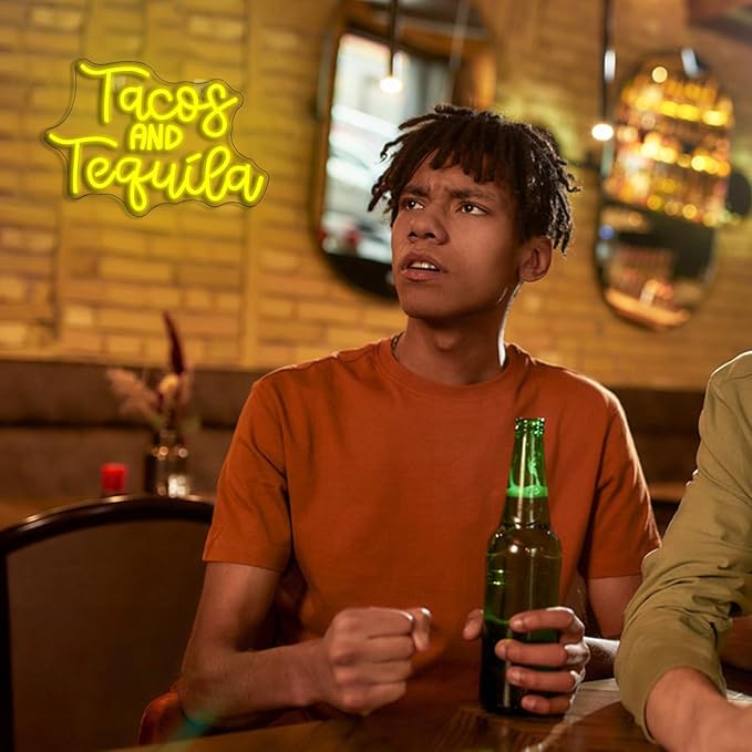 Looklight Tacos and Tequila Neon Sign,Taco Led Neon Signs for Wall Decor,Lemon-yellow Neon Light Sign,Letters USB Connectivity Neon Light Up Sign for Fast Food Shop Bar Kitchen Mexican Restaurant