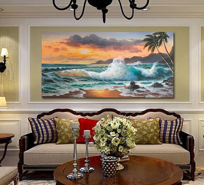 Ardemy Coastal Seascape Canvas Wall Art Living Room Beach Bedroom Paintings Seawave Tropical Pictures Wall Decor Blue Ocean Large Panoramic Landscape Artwork Home Office, 48"x24"