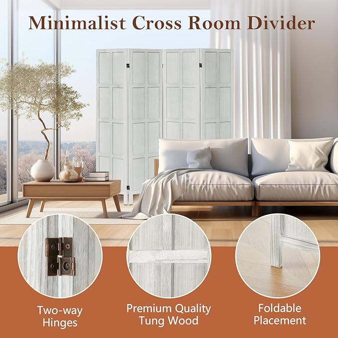 4 Panel Room Divider and Folding Privacy Screen, Classic 5.6Ft Wood Room Divider Wall, Partition Screen Divider for Room Separation for Home Office, Bedroom, Office, Dressing Room, White