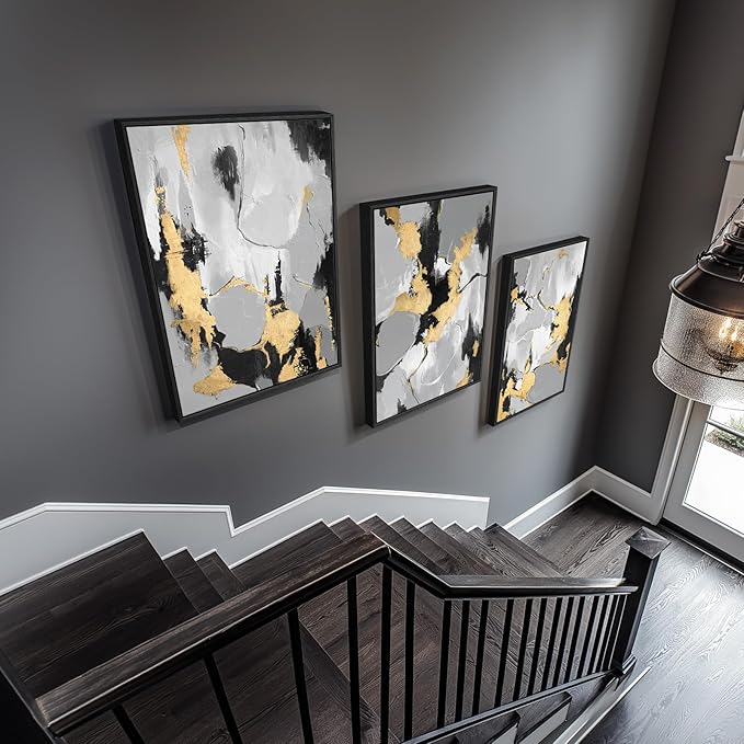 Large Framed Abstract Wall Art for Living Room, 3 Piece Modern Canvas Prints Paintings Artwork for Walls, Black Grey Gold Abstract Pictures for Hallway Stair Dining Room Office Wall Decor 24x36 Inch