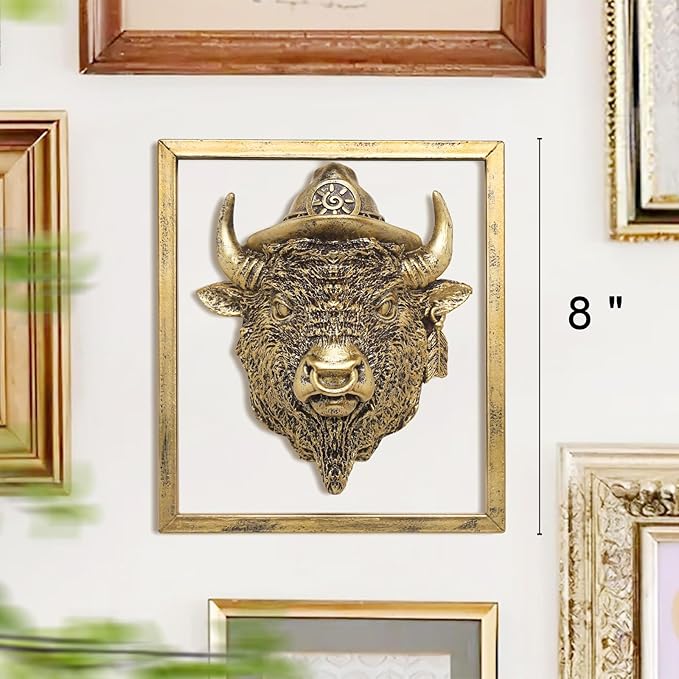 Newinhome Animal Heads Wall Decor (Includes Metal Frame) Resin Animals Sculptures Head Wall Hanging Decoration Gold vintage Wall Sculpture for Living Room Bedroom Office (American Bison)