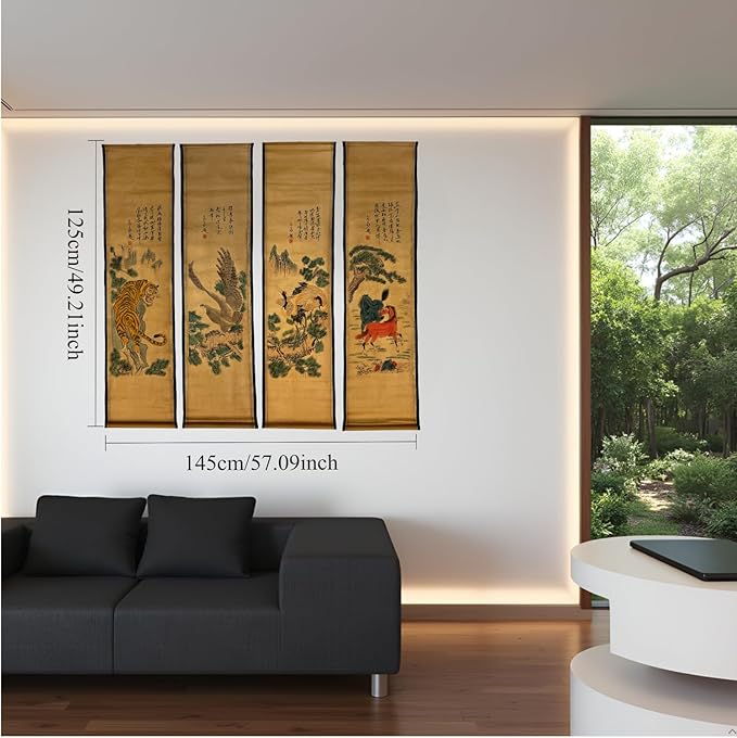CIFIBIFUN Wall Asia Art Prints Posters Painting Vintage,4 Panels Old Paper Scroll Eagle Crane Tiger Horse Walls Decor for Living Room Bedroom Animal Print
