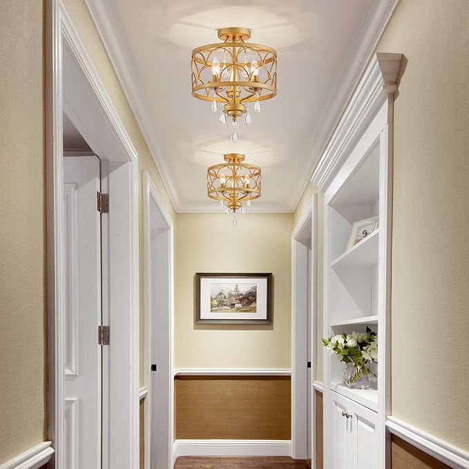 Crystal Ceiling Light Fixture, Modern Small Chandelier Light Fixture, Farmhouse Gold Semi Flush Mount Ceiling Light, Round Hallway Lighting Fixtures for Bedroom Entryway Closet Dining Room Living Room