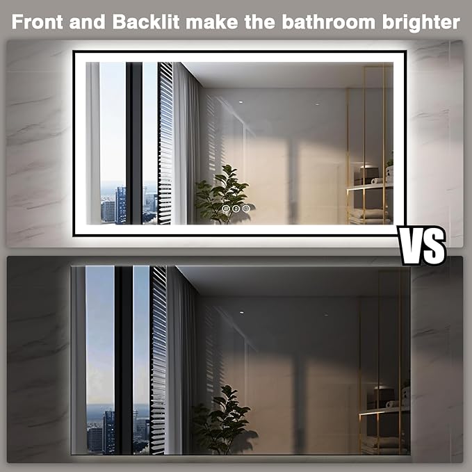 72x40 Large LED Bathroom Mirror with Lights -Black Aluminum Rimmed (Front and Backlit),Fogless Mirror with Lights,Stepless Dimmable Lighted Mirror,3 Colors Smart Mirror(Horizontal/Vertical)