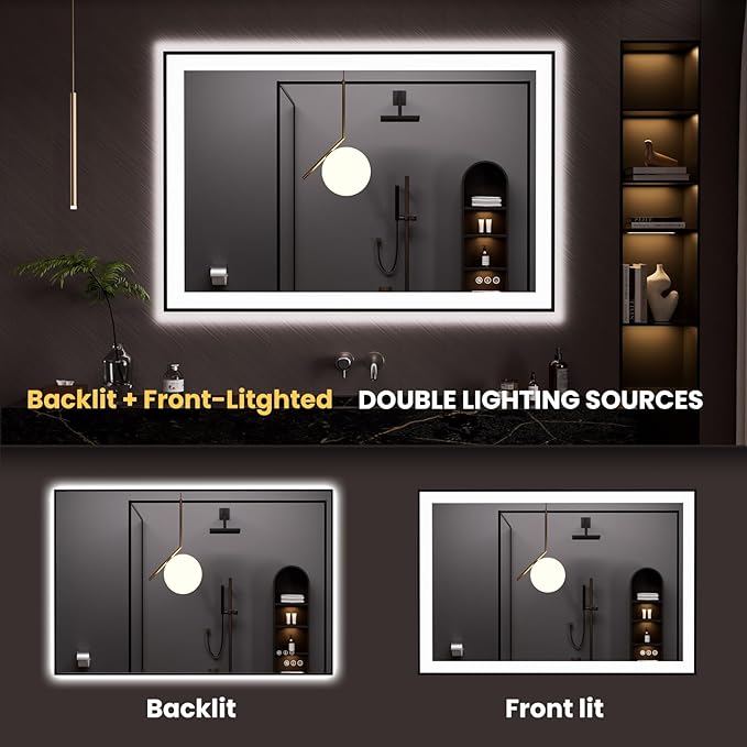 LOAAO 48"X32" LED Bathroom Mirror Black Framed, Anti-Fog, Dimmable, Lighted Bathroom Vanity Mirror for Wall, Memory Function, Tempered Glass