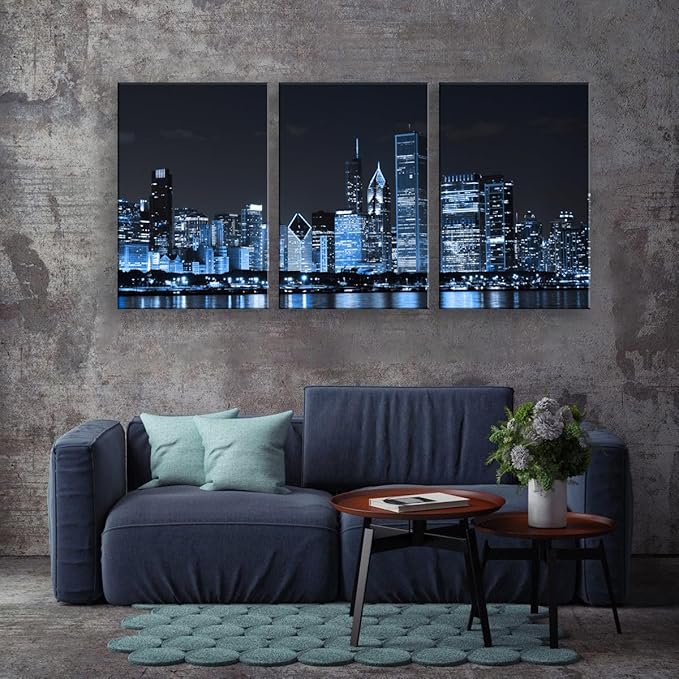 NAN Wind Chicago City Center Skyline Canvas Prints Modern Office Decor Chicago Skyline Canvas Art Cityscape Wall Decorations Blue Wall Decor for Living Room Pictures for Bedroom Decorations