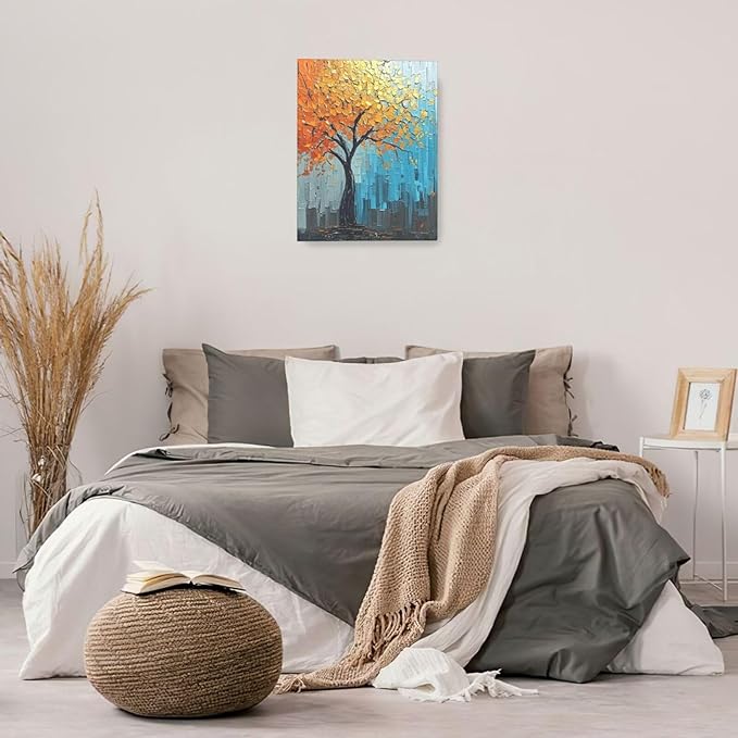 Abstract Wall Art Gold Tree Framed Modern Artwork Canvas Painting Textured Tree of Life Pictures Home Decor For Living Room Bedroom Bathroom Office 16"X20"