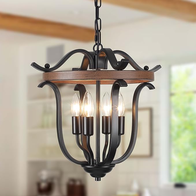 Black Farmhouse Chandelier 4 Lights, Vintage Cage Chandeliers E12 Base Ceiling Light Fixtures Semi Flush Mount Lantern Pendant Light for Dining Room Entryway Hallway Foyer Kitchen