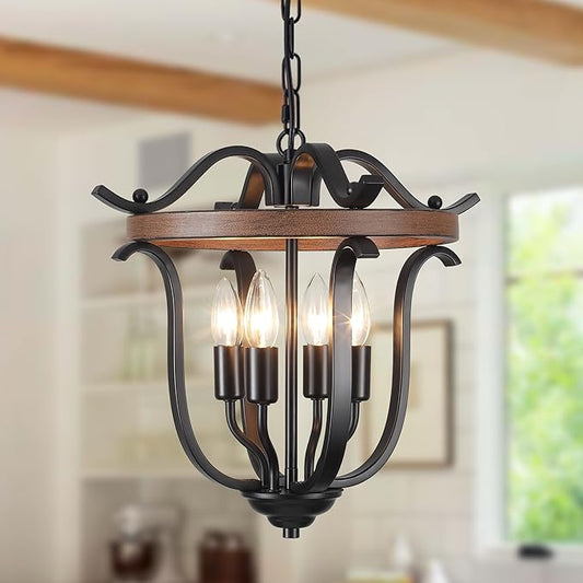 Black Farmhouse Chandelier 4 Lights, Vintage Cage Chandeliers E12 Base Ceiling Light Fixtures Semi Flush Mount Lantern Pendant Light for Dining Room Entryway Hallway Foyer Kitchen