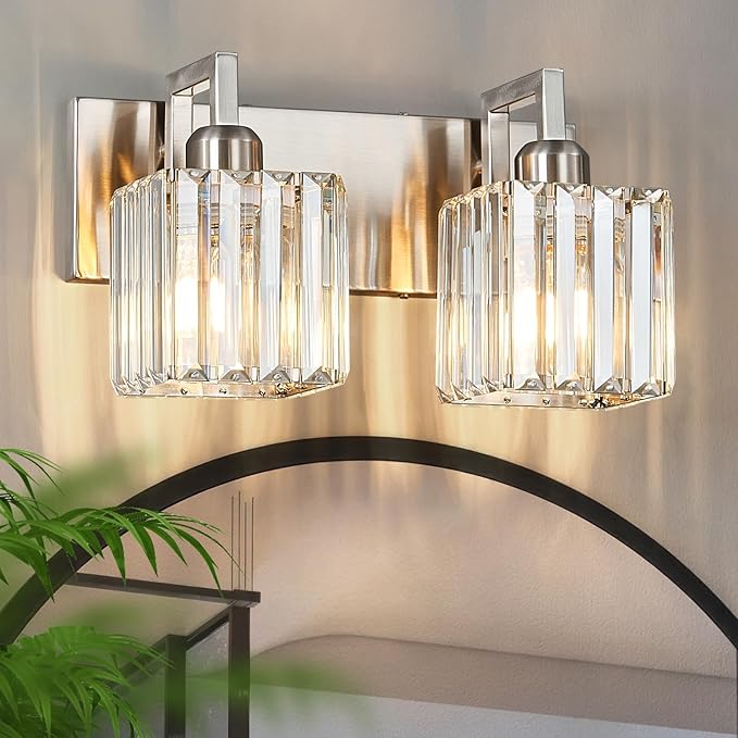 Modern Bathroom Vanity Light 2-Lights Brushed Nickel Vanity Light Crystal Wall Light Bathroom Light Fixtures