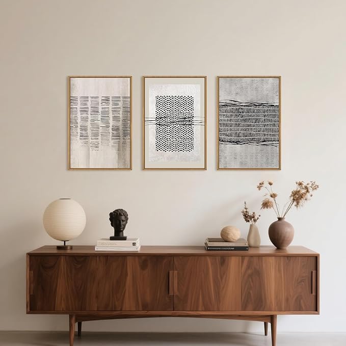 Large Abstract Black and Beige Framed Canvas Wall Art,Minimalist Geometric Lines Wall Decor,Cozy Neutral Shapes Artwork,Modern Lines Dots Art Print for Living Room,Bedroom,Office- 24"x36"x3